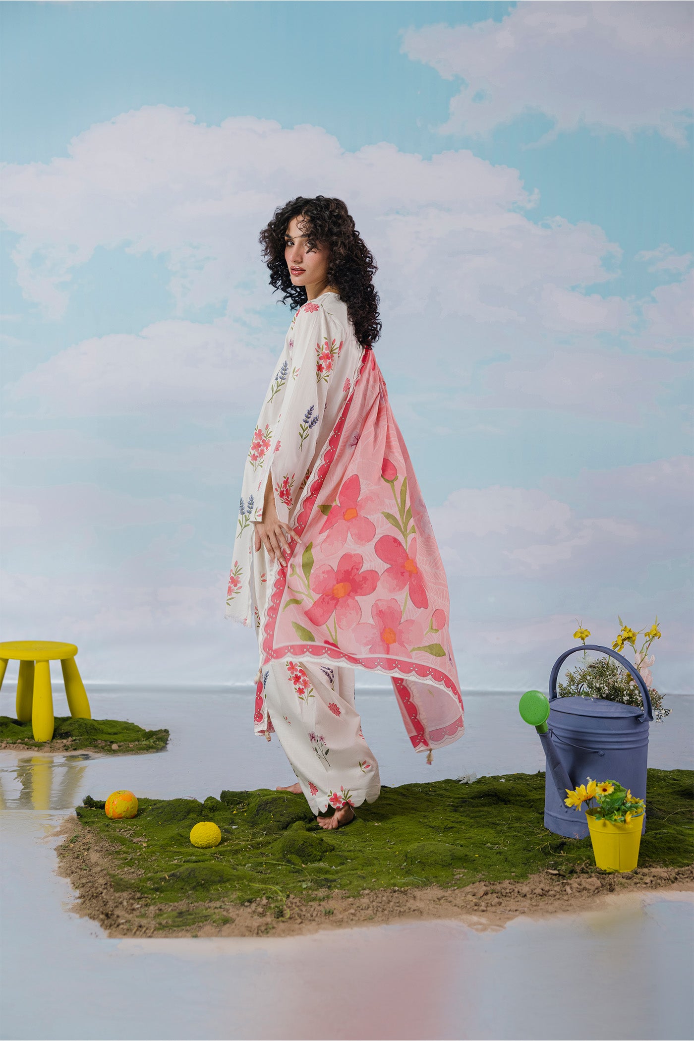 Premium 3 Piece Unstitched Digital Printed Lawn (Peachy Babe)