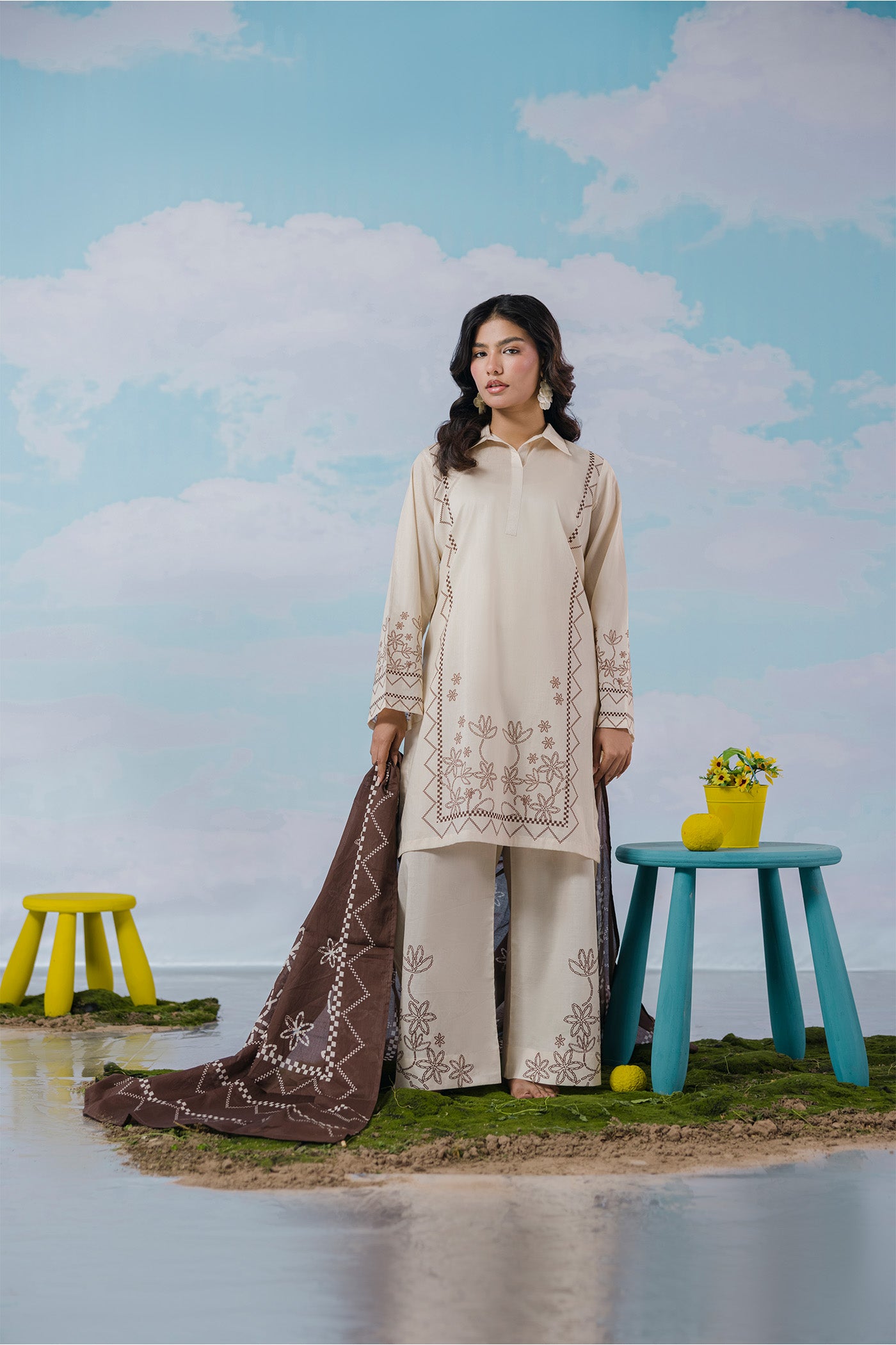 Premium 3 Piece Stitched Digital Printed Lawn (Cocoa Lines)