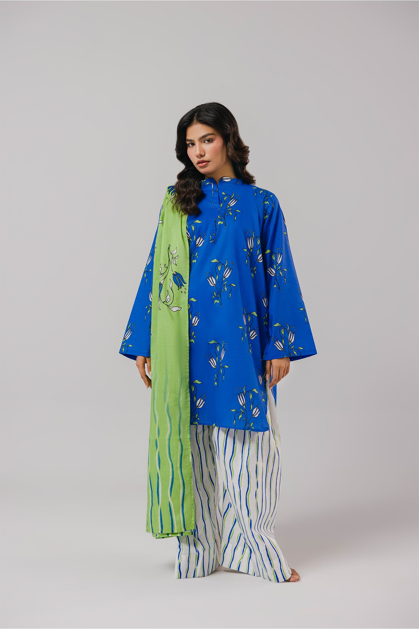 Premium 3 Piece Unstitched Digital Printed Lawn (Blue Hour Bloom)