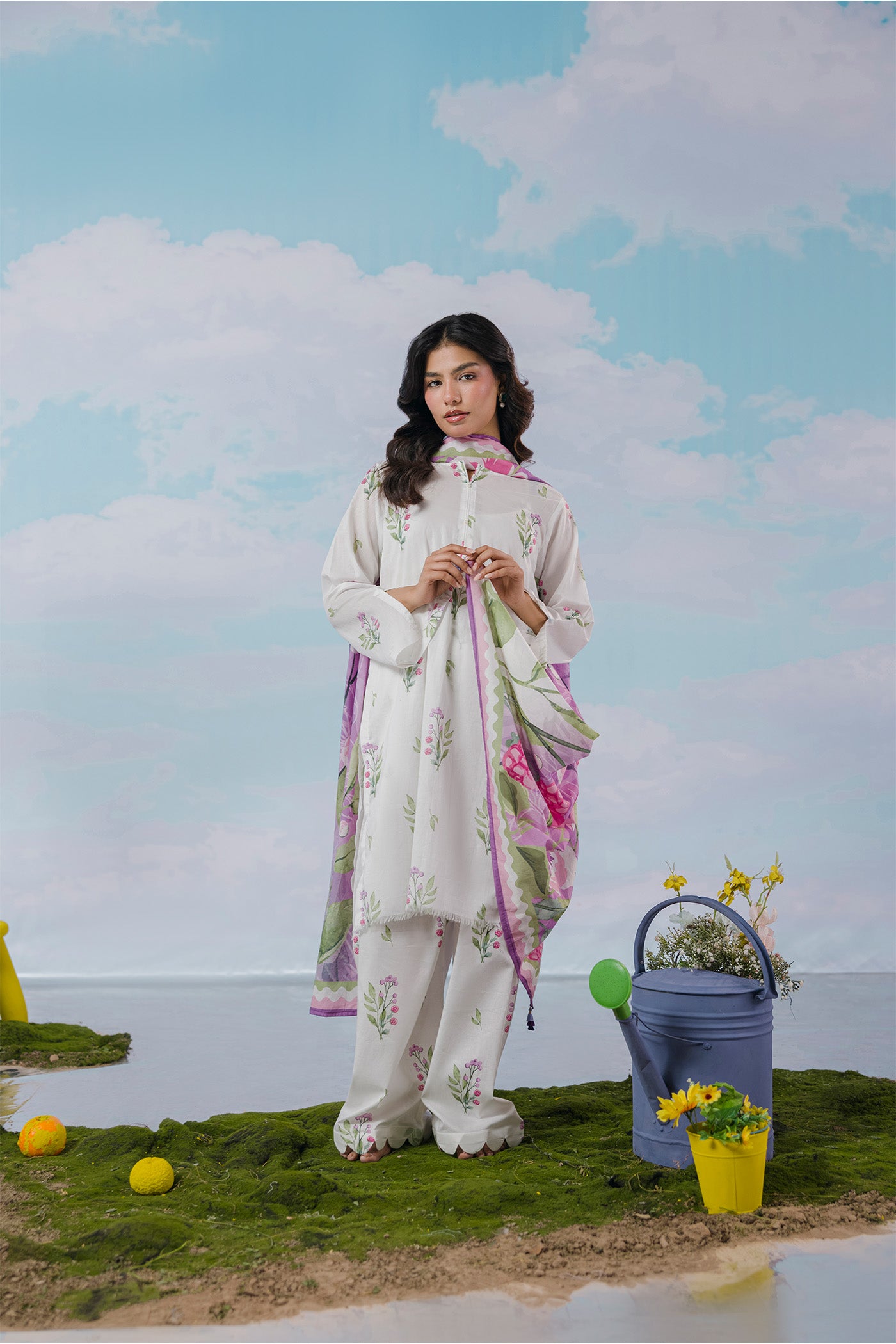 Premium 3 Piece Stitched Digital Printed Lawn (Soft Chaos Lavender)