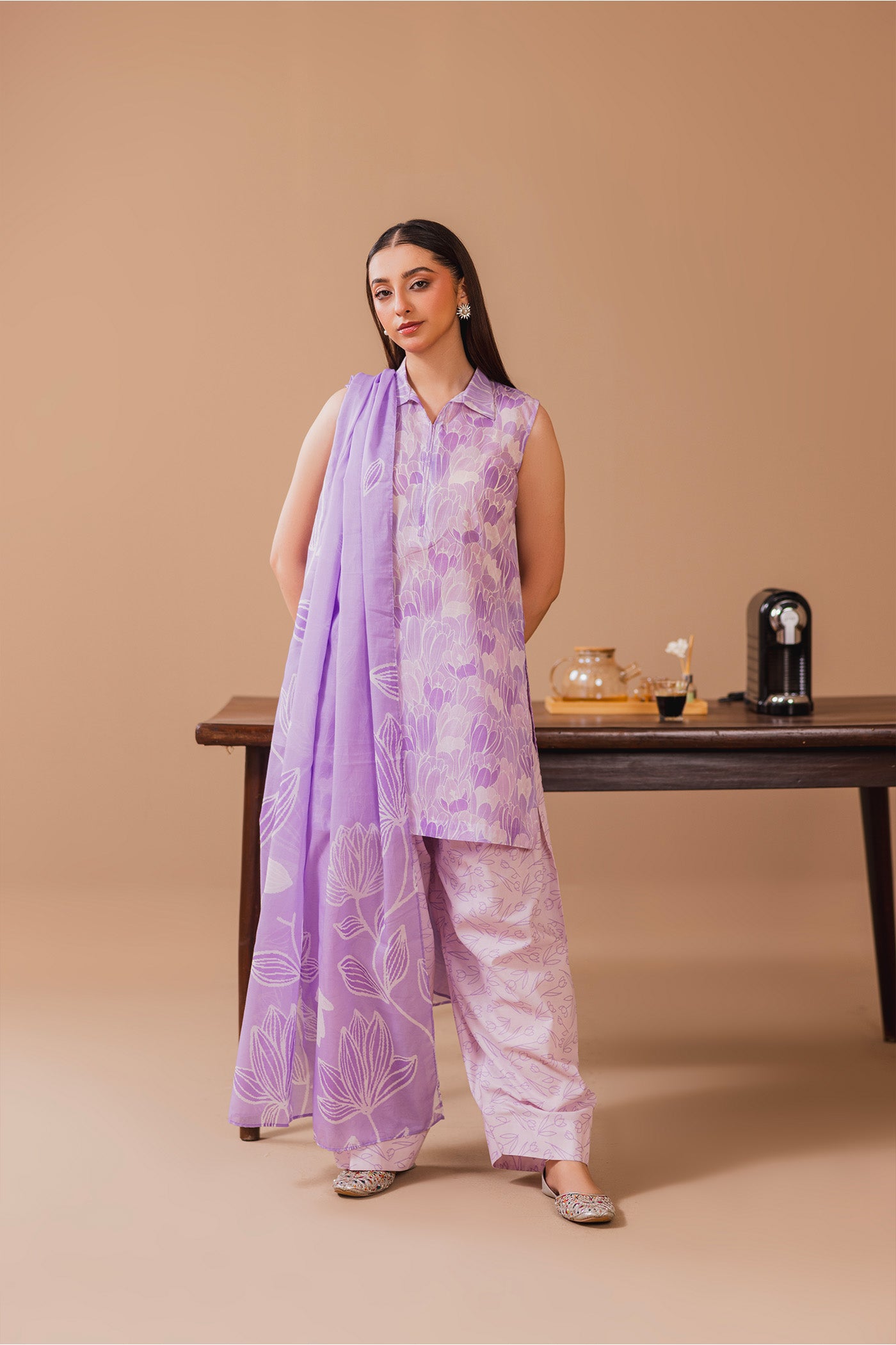 3 Piece Unstitched Printed Lawn Suit (Lavender Latte)
