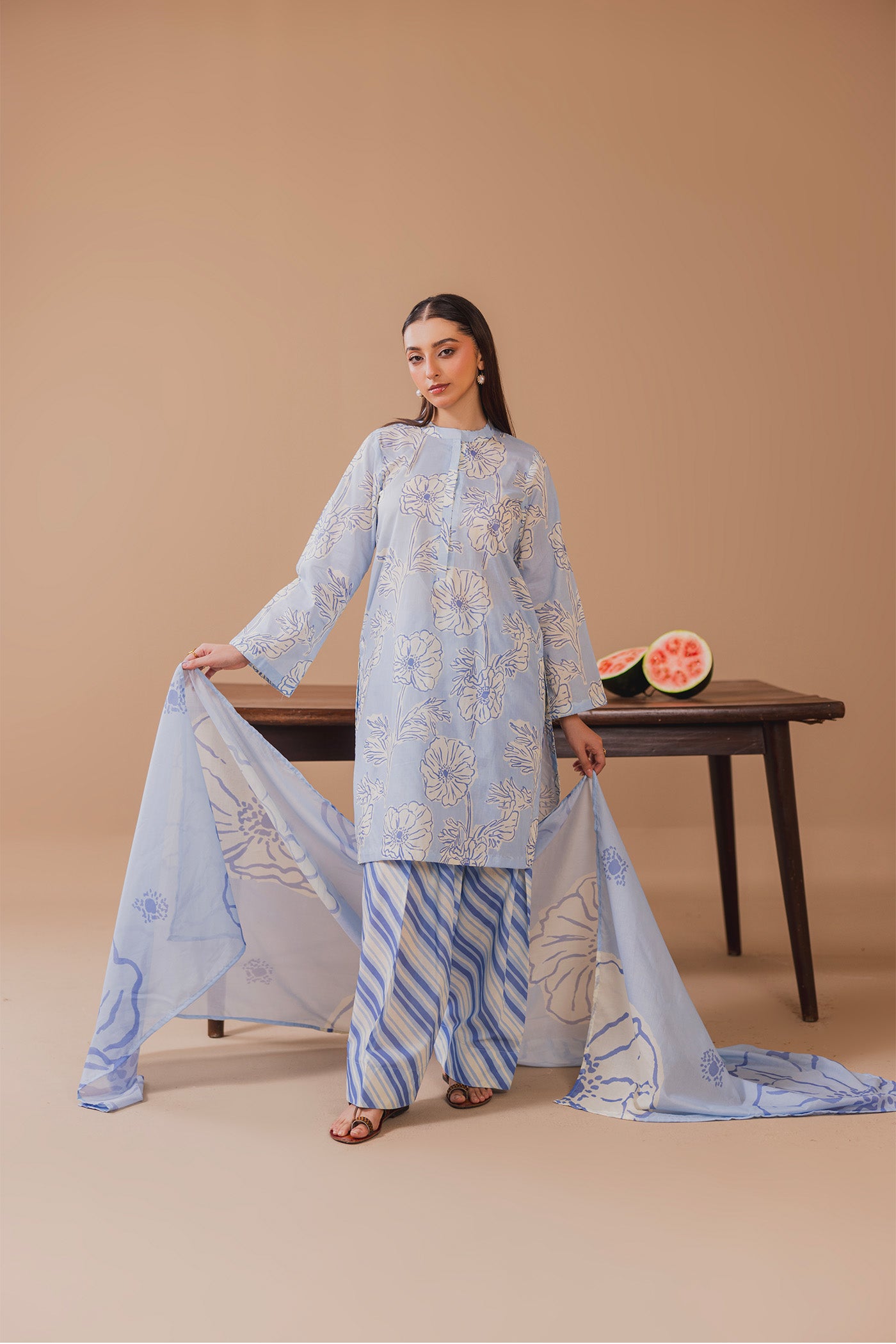 3 Piece Unstitched Printed Lawn Suit (Jamaican Blue)