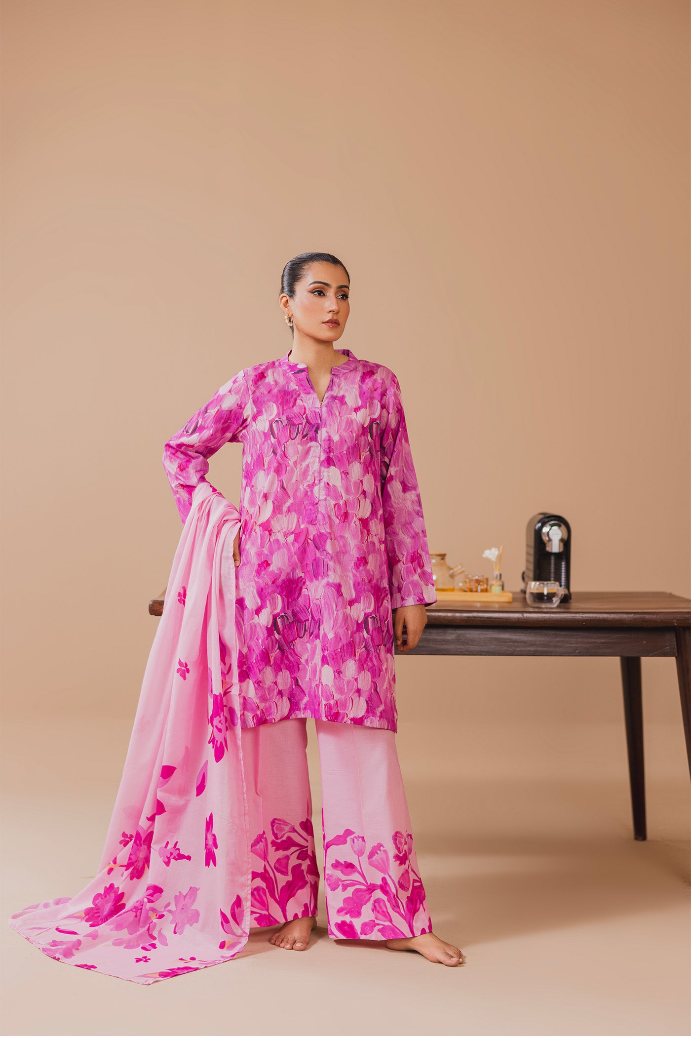 3 Piece Unstitched Printed Lawn Suit (Pink Bourbon)