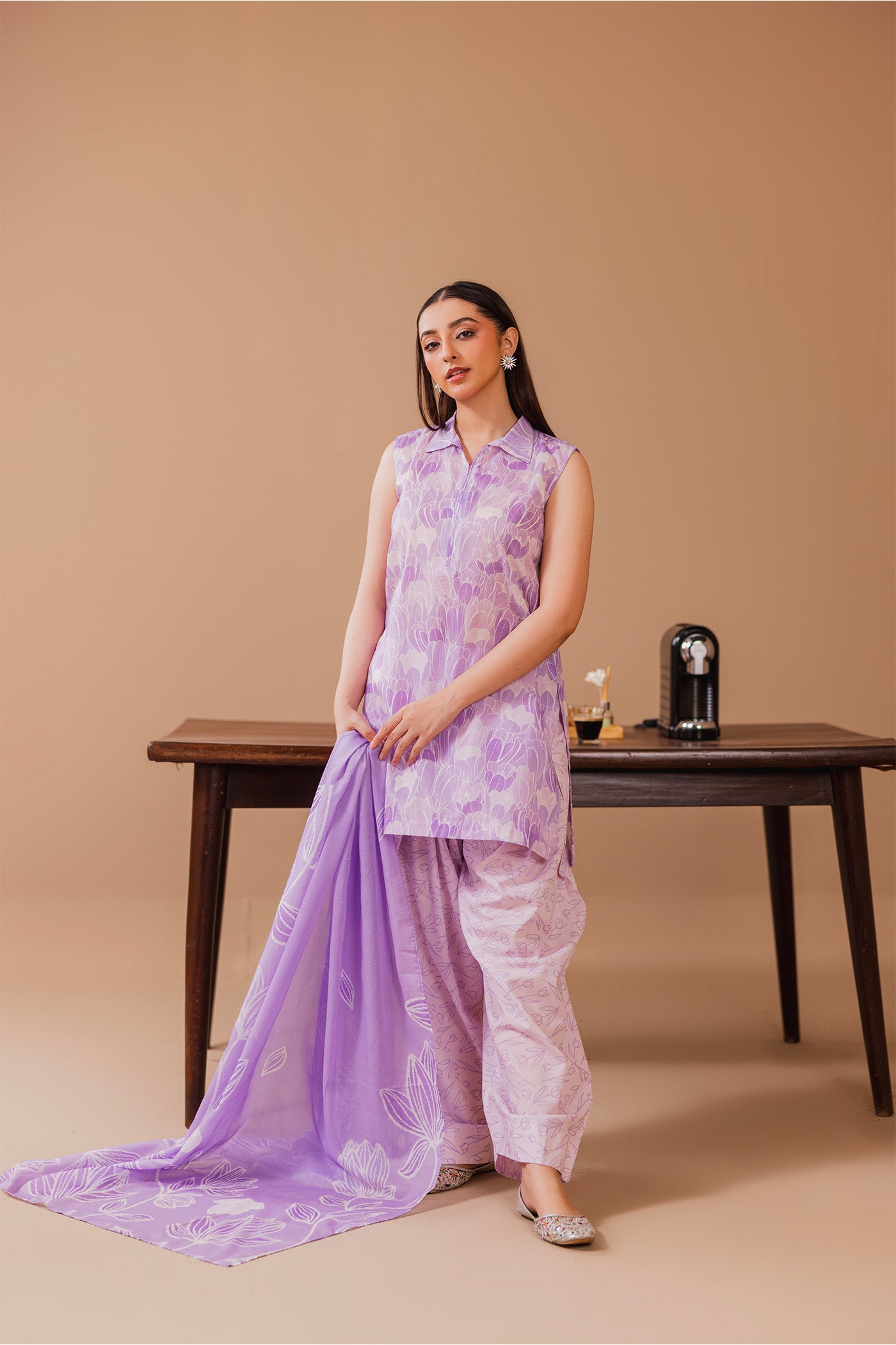 3 Piece Unstitched Printed Lawn Suit (Lavender Latte)