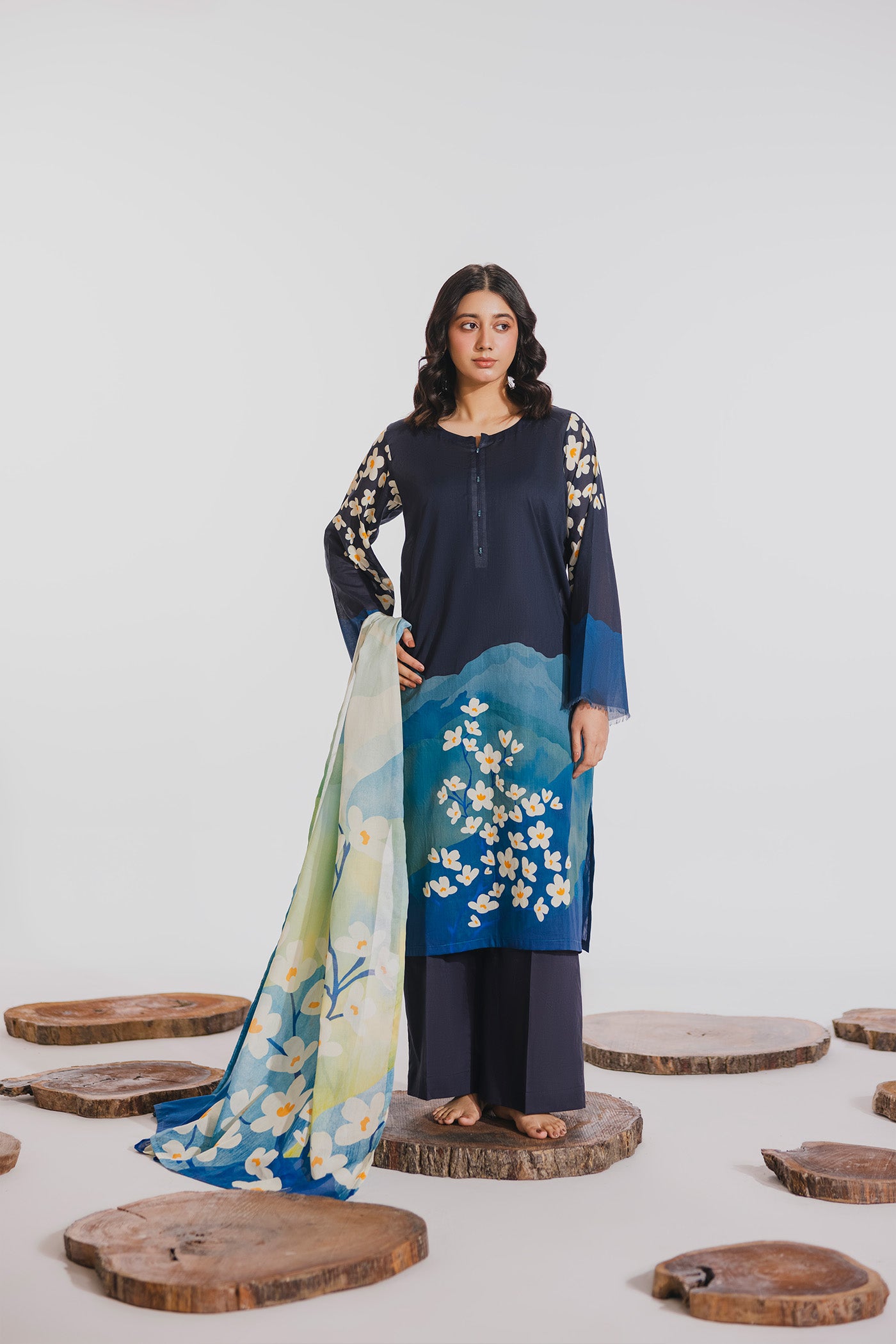 Premium 3 Piece Unstitched Digital Printed Lawn (Dusky Mountain Tale)