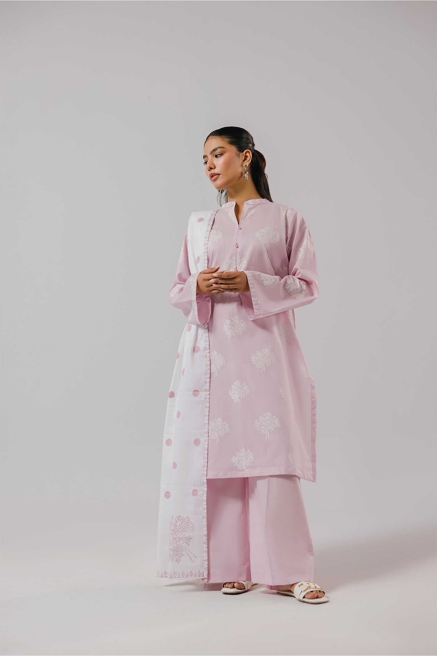 Premium 3 Piece Stitched Hand Printed Lawn (Soft Mauve)