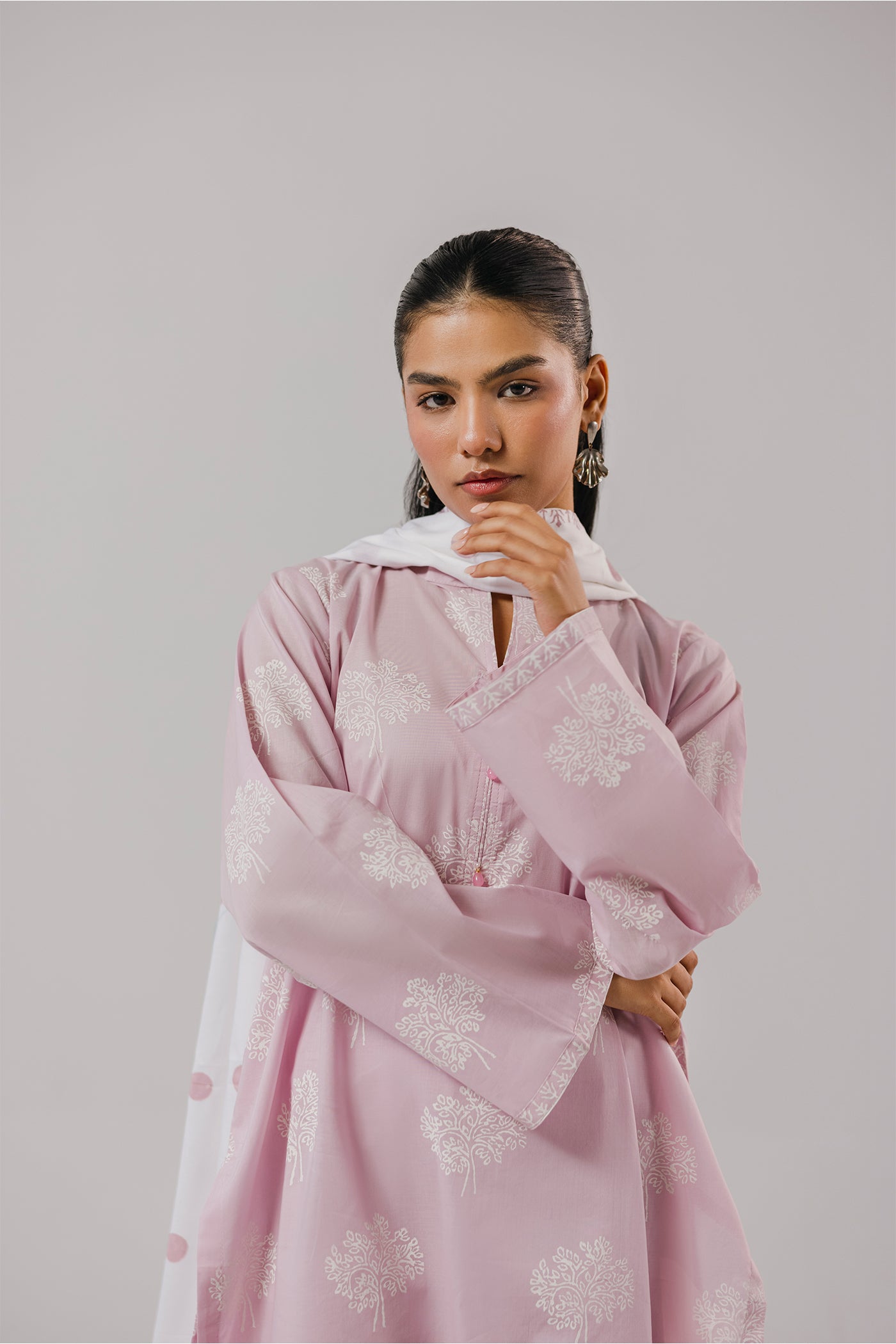Premium 3 Piece Stitched Hand Printed Lawn (Soft Mauve)